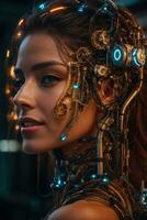 AI generated female cyborg with mechanisms and wires in head, digital technological as a background photo