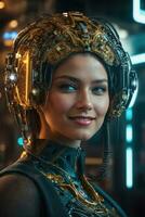 AI generated female cyborg with mechanisms and wires in head, digital technological as a background photo