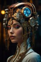 AI generated female cyborg with mechanisms and wires in head, digital technological as a background photo