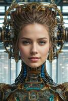 AI generated female cyborg with mechanisms and wires in head, digital technological as a background photo