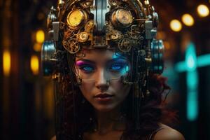 AI generated female cyborg with mechanisms and wires in head, digital technological as a background photo