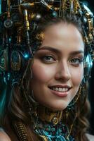 AI generated female cyborg with mechanisms and wires in head, digital technological as a background photo