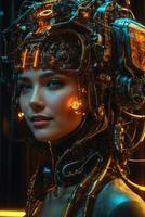 AI generated female cyborg with mechanisms and wires in head, digital technological as a background photo