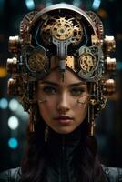 AI generated female cyborg with mechanisms and wires in head, digital technological as a background photo