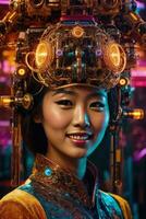 AI generated female cyborg with mechanisms and wires in head, digital technological as a background photo