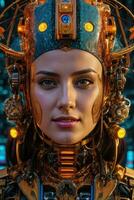 AI generated female cyborg with mechanisms and wires in head, digital technological as a background photo