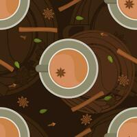 Editable Top View Indian Masala Chai with Assorted Herb Spices Vector Illustration Seamless Pattern With Dark Background for South Asian Beverages Culture and Tradition