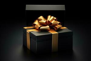 AI generated Black gift box with golden bow on black background. 3D rendering Valentine's day Generative ai photo