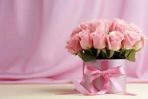 ai generado ramo de flores de rosado rosas en un regalo caja en un rosado antecedentes San Valentín día generativo ai foto