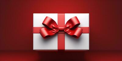 AI generated Gift box with red bow on red background. 3D rendering. Happy women, Mother, 8 March, Valentine's day Generative ai photo