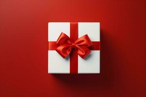 AI generated Gift box with red bow on red background. 3D rendering. Happy women, Mother, 8 March, Valentine's day Generative ai photo