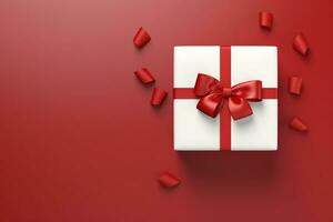 AI generated Gift box with red bow on red background. 3D rendering. Happy women, Mother, 8 March, Valentine's day Generative ai photo