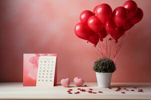 AI generated Valentine's day concept with red heart shaped balloons and gift boxes generative ai photo