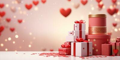 ai generado San Valentín día antecedentes con regalo cajas y corazones 3d hacer San Valentín día generativo ai foto