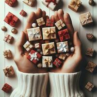AI generated Top view photo of woman's hands holding a lot of small gift boxes with red and golden ribbon bows. White wooden background.