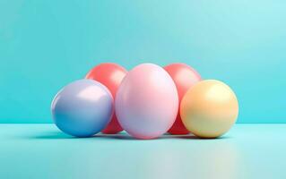 AI generated Row of colorful easter eggs over light blue background with space for text. Set of easter eggs photo for poster, card o greetings.
