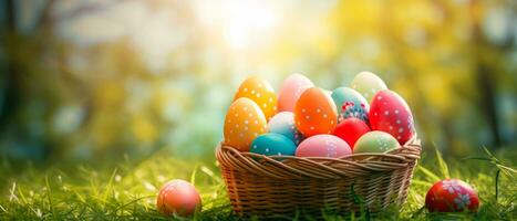 AI generated Colorful easter eggs in a basket over a flowerfield and sun rays. Beautiful decorated easter eggs photo with empty space for text.