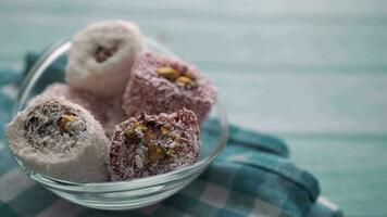 traditional Turkish delight With pistachios Nut in a bowl video