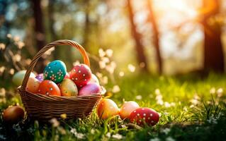 AI generated Colorful easter eggs in a basket over a flowerfield and sun rays. Beautiful decorated easter eggs photo with empty space for text.