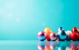 AI generated Row of colorful easter eggs over light blue background with space for text. Set of easter eggs photo for poster, card o greetings.