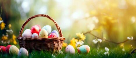 AI generated Colorful easter eggs in a basket over a flowerfield and sun rays. Beautiful decorated easter eggs photo with empty space for text.