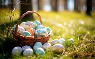 AI generated Colorful easter eggs in a basket over a flowerfield and sun rays. Beautiful decorated easter eggs photo with empty space for text.