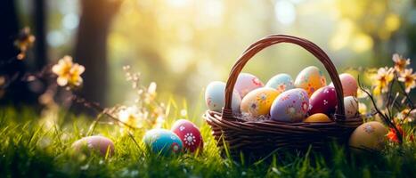 AI generated Colorful easter eggs in a basket over a flowerfield and sun rays. Beautiful decorated easter eggs photo with empty space for text.