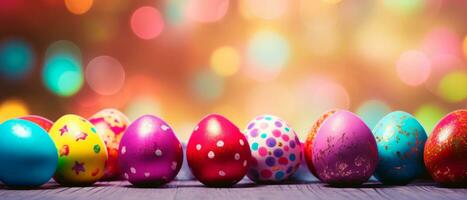 AI generated Row of colorful easter eggs over bokeh lights background with space for text. Set of easter eggs photo for poster, card o greetings.