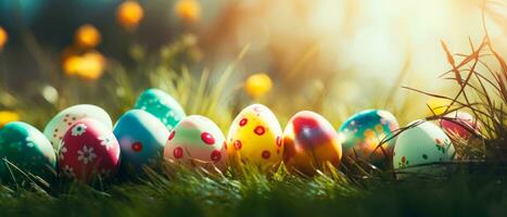 AI generated Colorful easter eggs in a flowerfield and sun rays. Beautiful decorated easter eggs photo with empty space for text.