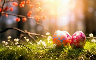 AI generated Colorful easter eggs in a flowerfield and sun rays. Beautiful decorated easter eggs photo with empty space for text.