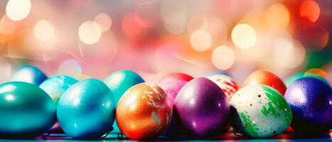 AI generated Row of colorful easter eggs over bokeh lights background with space for text. Set of easter eggs photo for poster, card o greetings.