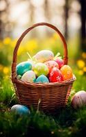 AI generated Colorful easter eggs in a basket over a flowerfield and sun rays. Beautiful decorated easter eggs photo with empty space for text.