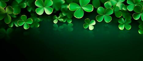 AI generated Green clovers over green background with empty space for text. Saint Patrick's Day still life concept. photo