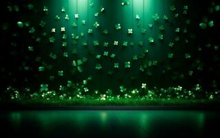 AI generated Elegant green wall with green shamrocks and empty space for text. Saint Patrick's Day still life concept. photo