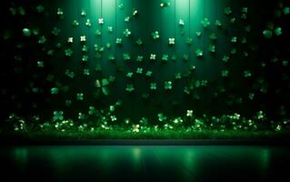 AI generated Elegant green wall with green shamrocks and empty space for text. Saint Patrick's Day still life concept. photo