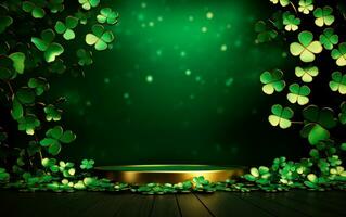 AI generated Elegant green wall with green shamrocks and empty space for text. Saint Patrick's Day still life concept. photo