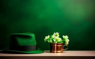 AI generated Green leprechaun hat with green shamrocks and a blank golden frame for text. Saint Patrick's Day still life concept. photo