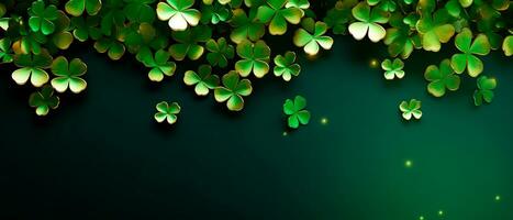 AI generated Green clovers over green background with empty space for text. Saint Patrick's Day still life concept. photo