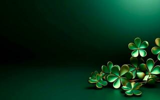 AI generated Green clovers over green background with empty space for text. Saint Patrick's Day still life concept. photo