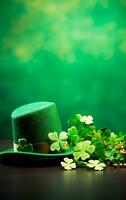 AI generated Green leprechaun hat with green shamrocks and a blank golden frame for text. Saint Patrick's Day still life concept. photo