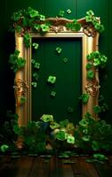 AI generated Beautiful golden frame in a magic forest of green shamrocks and leaprechauns with empty space for text. Saint Patrick's Day still life concept. photo