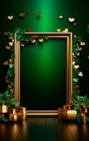 AI generated Beautiful golden frame in a magic forest of green shamrocks and leaprechauns with empty space for text. Saint Patrick's Day still life concept. photo