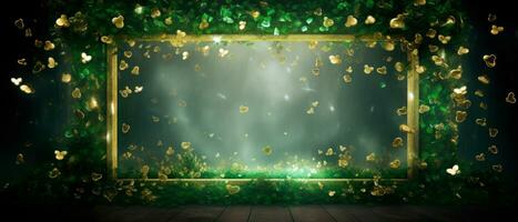 AI generated Beautiful golden frame in a magic forest of green shamrocks and leaprechauns with empty space for text. Saint Patrick's Day still life concept. photo