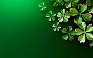 AI generated Green clovers over green background with empty space for text. Saint Patrick's Day still life concept. photo