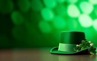 AI generated Green leprechaun hat with green shamrocks and a blank golden frame for text. Saint Patrick's Day still life concept. photo