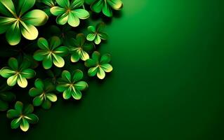 AI generated Green clovers over green background with empty space for text. Saint Patrick's Day still life concept. photo