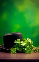 AI generated Green leprechaun hat with green shamrocks and a blank golden frame for text. Saint Patrick's Day still life concept. photo