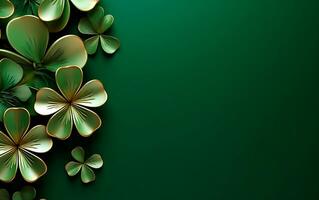 AI generated Green clovers over green background with empty space for text. Saint Patrick's Day still life concept. photo