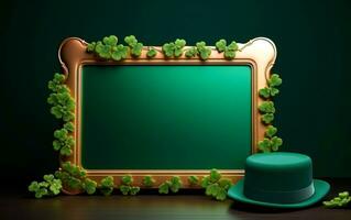 AI generated Green leprechaun hat with green shamrocks and a blank golden frame for text. Saint Patrick's Day still life concept. photo