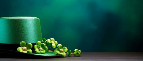 AI generated Green leprechaun hat with green shamrocks and a blank golden frame for text. Saint Patrick's Day still life concept. photo